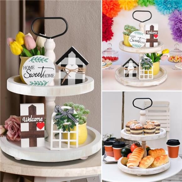 Rustic Wooden 2Tiered Tray,Round Farmhouse Kitchen Table Decor Serving Tier Tray - Picture 6 of 7